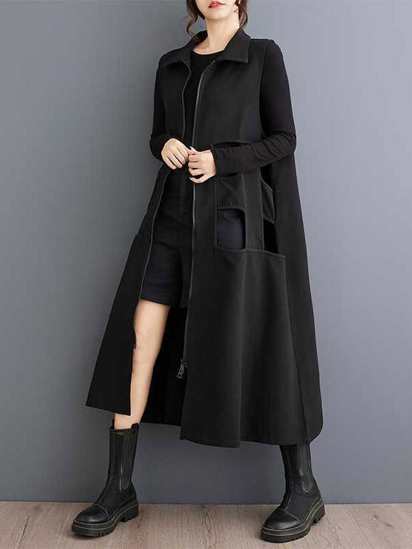 Loose Sleeveless Hollow Solid Color Zipper Lapel Midi Dresses