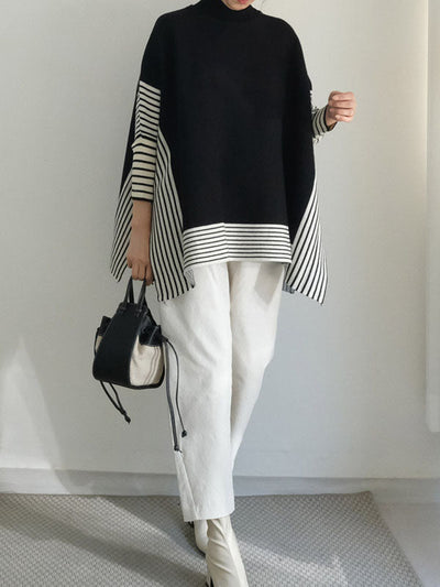 Batwing Sleeves Loose Split-Joint Split-Side Striped High Neck Sweater