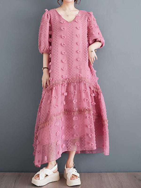 A-Line Half Sleeves Elasticity Jacquard Solid Color Split-Joint V-Neck Midi Dresses