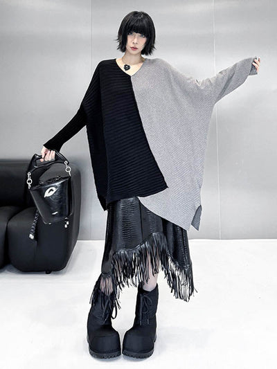 Batwing Sleeves Irregularity Asymmetric Contrast Color Split-Joint Textured V-Neck Sweater Tops