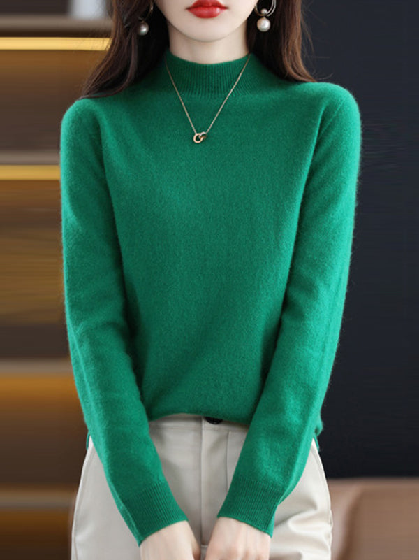 Office Long Sleeves Solid Color High-Neck Sweater Tops Pullovers