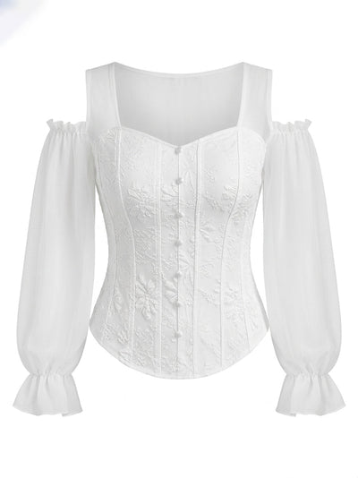 Flared Sleeves Long Sleeves Elasticity Hollow Jacquard Solid Color Split-Joint Cold Shoulder Blouses&Shirts Tops