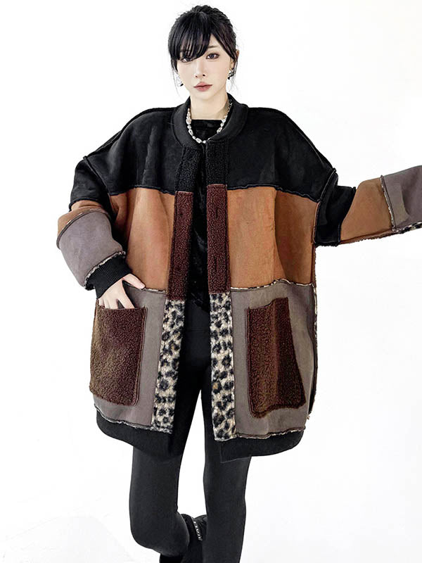 Long Sleeves Loose Buttoned Contrast Color Reversible Split-Joint Round-Neck Cardigan Tops Outerwear