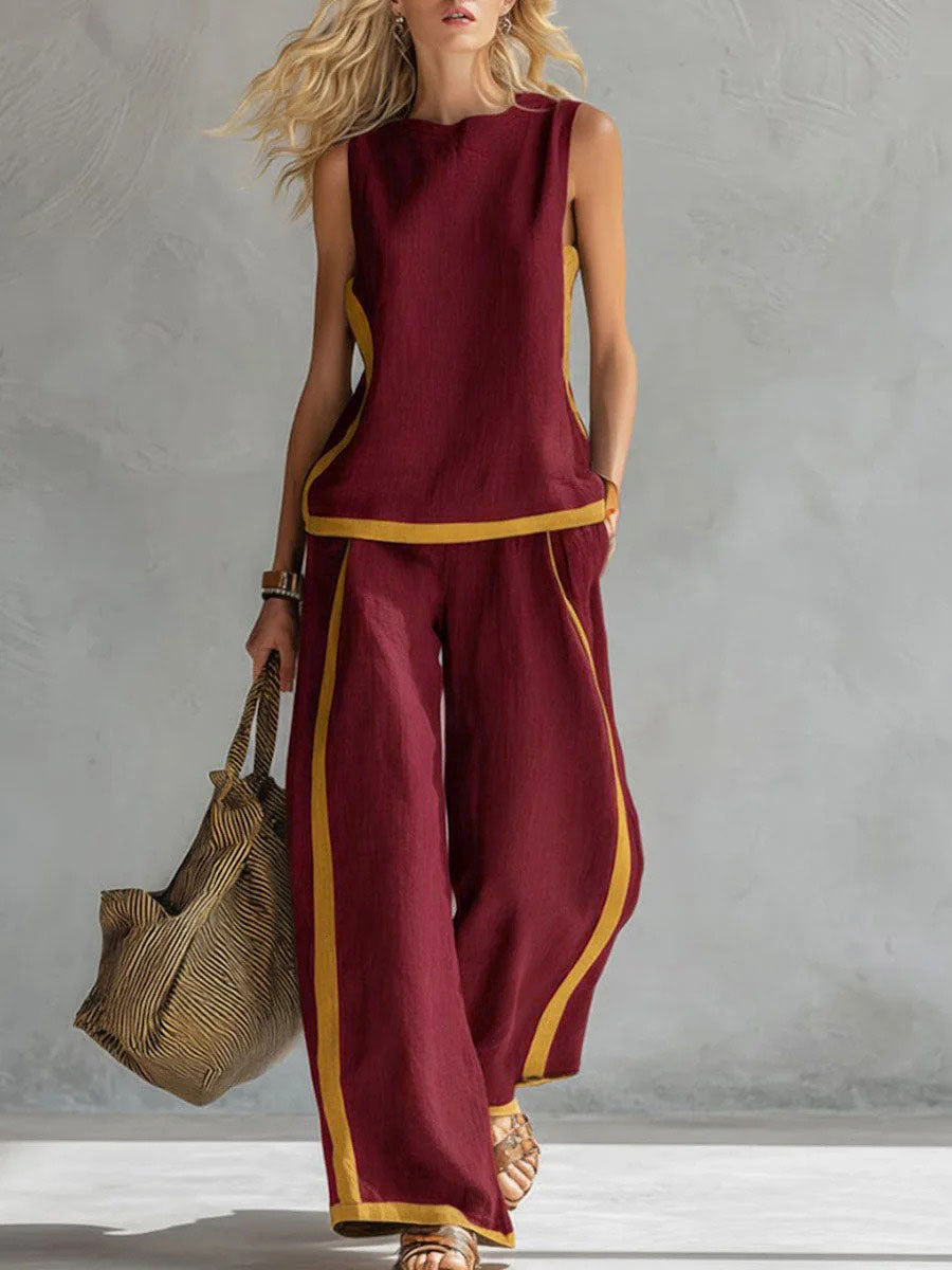 Contrast Color High Waisted Pants + Round-Neck Sleeveless Top Two Pieces Set