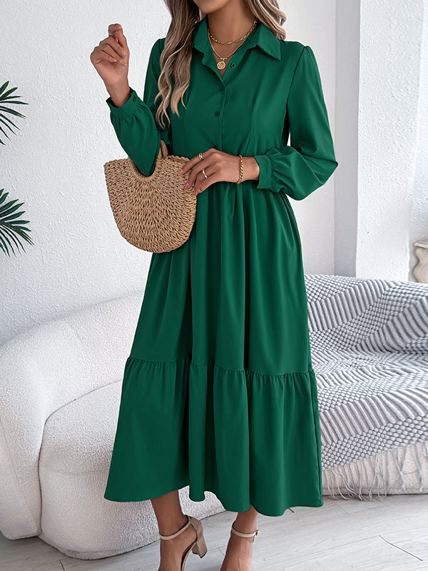 High Waisted Long Sleeves Pleated Ruffled Solid Color Lapel Midi Dresses Shirt Dress