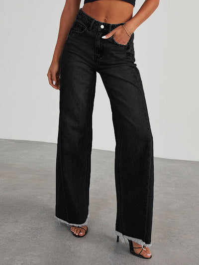 High Waisted Wide Leg Split-Joint Tasseled Jean Pants Bottoms