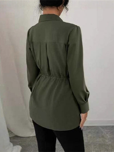 Elasticated Waist Long Sleeves Drawstring Pleated Solid Color Tied Waist Lapel Blouses&Shirts Tops