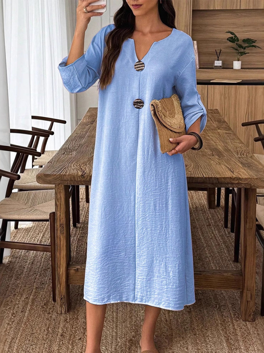 Long Sleeves Loose Buttoned Solid Color V-Neck Midi Dresses