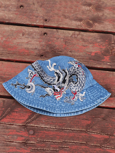 Women Retro Flower Embroidery Denim Bucket Hat