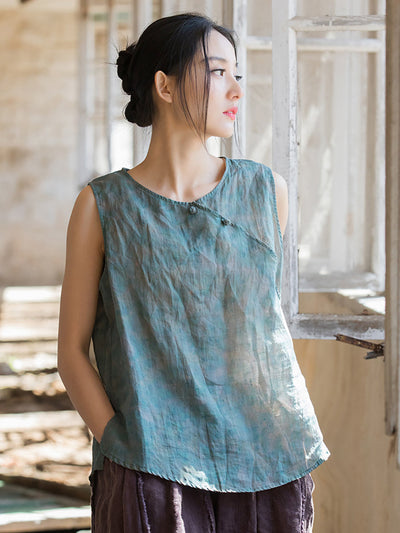 Women Summer Retro Flower Button Ramie Vest