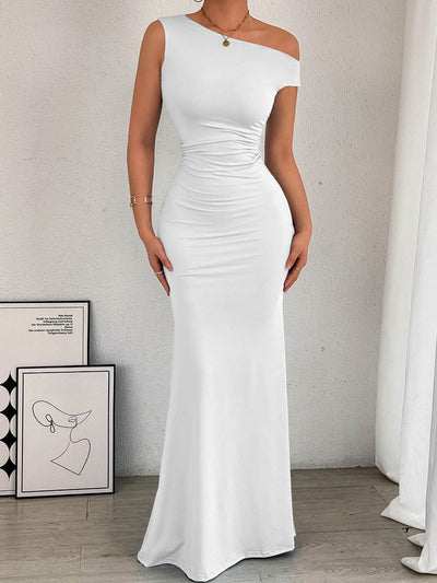 Bodycon High Waisted Asymmetric Pleated Solid Color Split-Side One-Shoulder Maxi Dresses
