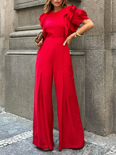 Loose Short Sleeves Falbala Solid Color Round-Neck Jumpsuits