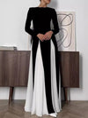 A-Line Long Sleeves Contrast Color Elasticity Pleated Split-Joint Round-Neck Evening Dresses Maxi Dresses