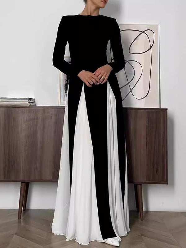 A-Line Long Sleeves Contrast Color Elasticity Pleated Split-Joint Round-Neck Evening Dresses Maxi Dresses