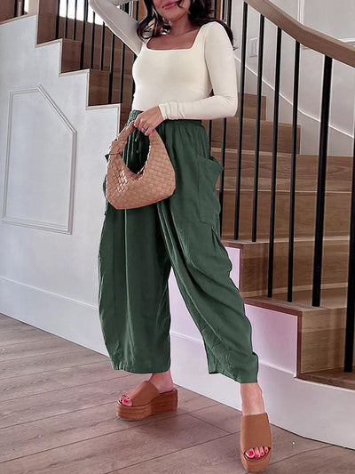 High Waisted Loose Drawstring Elasticity Pleated Pockets Solid Color Ninth Pants Trousers