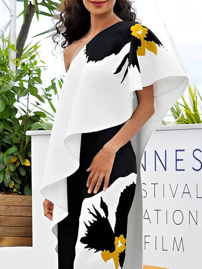 Loose Sleeveless Asymmetric Flower Print One-Shoulder Blouses&Shirts Tops