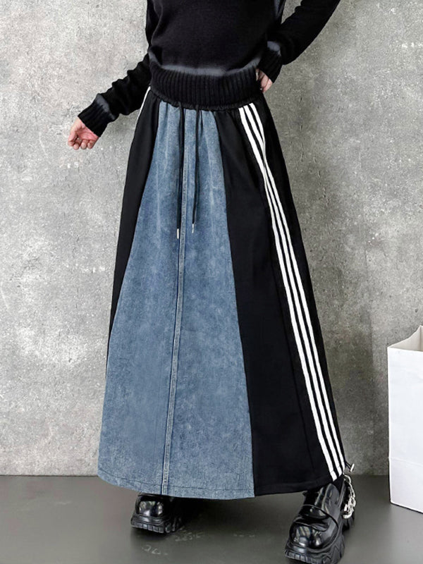 A-Line Loose Contrast Color Drawstring Split-Joint Striped Skirts Bottoms