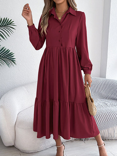 High Waisted Long Sleeves Pleated Ruffled Solid Color Lapel Midi Dresses Shirt Dress