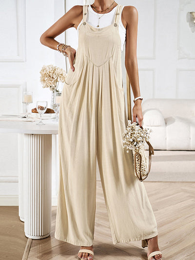 Loose Sleeveless Pleated Pockets Split-Joint Spaghetti-Neck Overalls