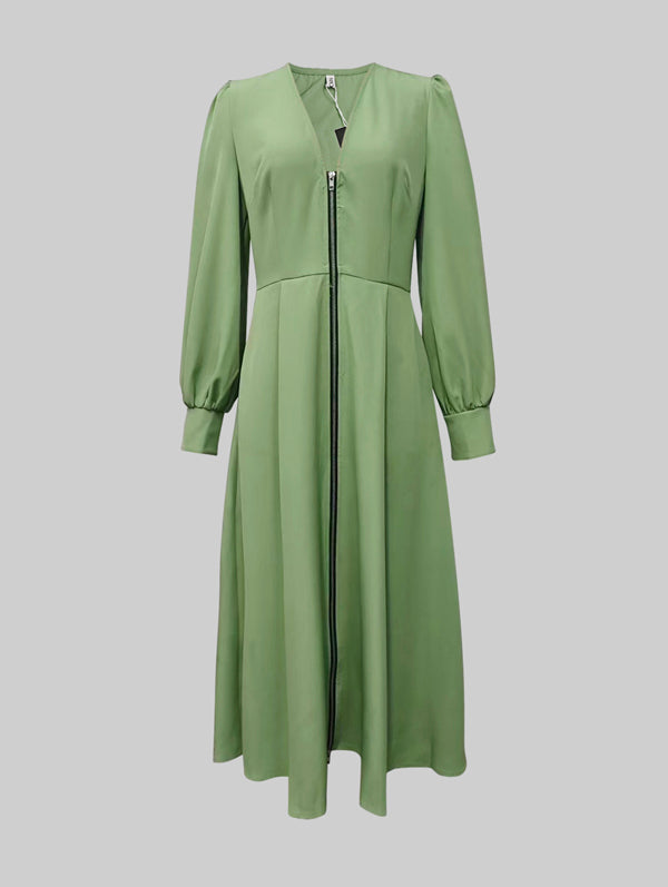 A-Line Long Sleeves Pleated Pockets Solid Color Zipper V-Neck Midi Dresses