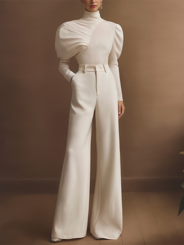 Irregularity Long Sleeves Asymmetric Pleated Solid Color High Neck Sweatshirt Tops