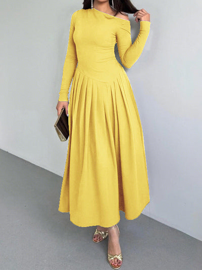 A-Line Bodycon Asymmetric Pleated Solid Color Split-Joint One-Shoulder Maxi Dresses