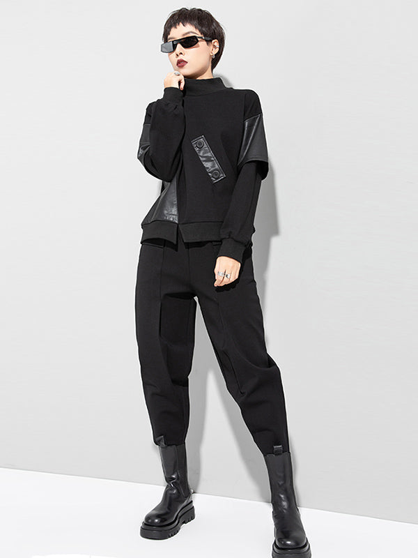 Thicken PU Split-Joint False-Two Asymmetric Sweatshirt