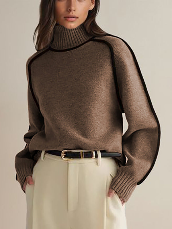 Long Sleeves Loose Contrast Color Split-Joint High Neck Pullovers Sweater Tops