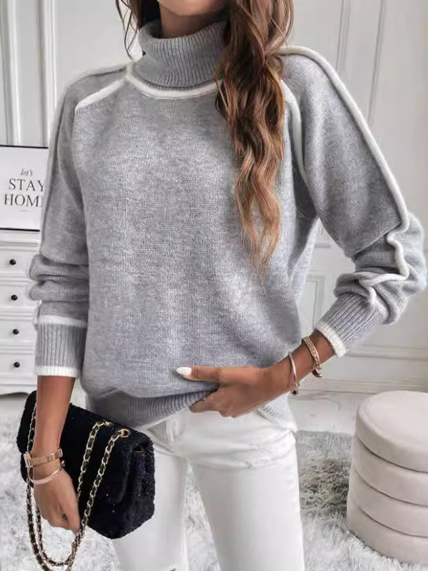 Long Sleeves Loose Contrast Color Split-Joint High Neck Sweater Tops