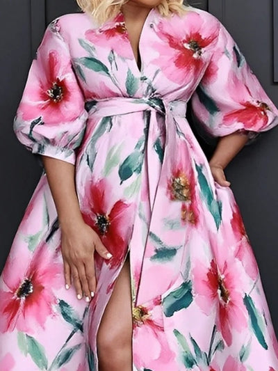 A-Line Half Sleeves Flower Print Tied Waist V-Neck Midi Dresses
