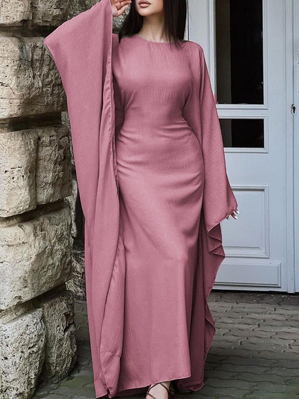 Batwing Sleeves Long Sleeves Solid Color Round-Neck Maxi Dresses