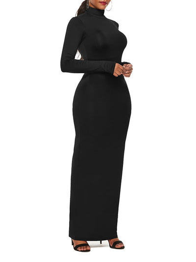 Bodycon Long Sleeves Solid Color High Neck Maxi Dresses