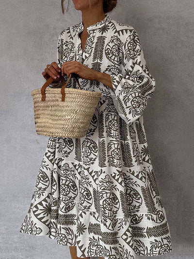 Loose Three-Quarter Sleeves Falbala Printed V-Neck Midi Dresses