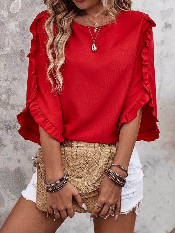 Loose Three-Quarter Sleeves Pleated Ruffled Solid Color Split-Joint Round-Neck Blouses&Shirts Tops