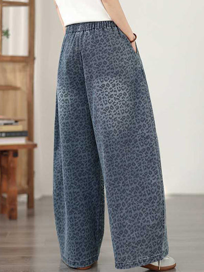 High Waisted Wide Leg Elasticity Leopard Pockets Rhinestone Shiny Solid Color Tied Waist Jean Pants Bottoms