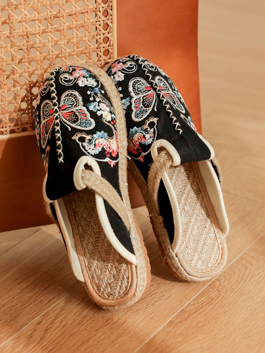 Women Ethnic Summer Butterfly Embroidery Linen Slippers
