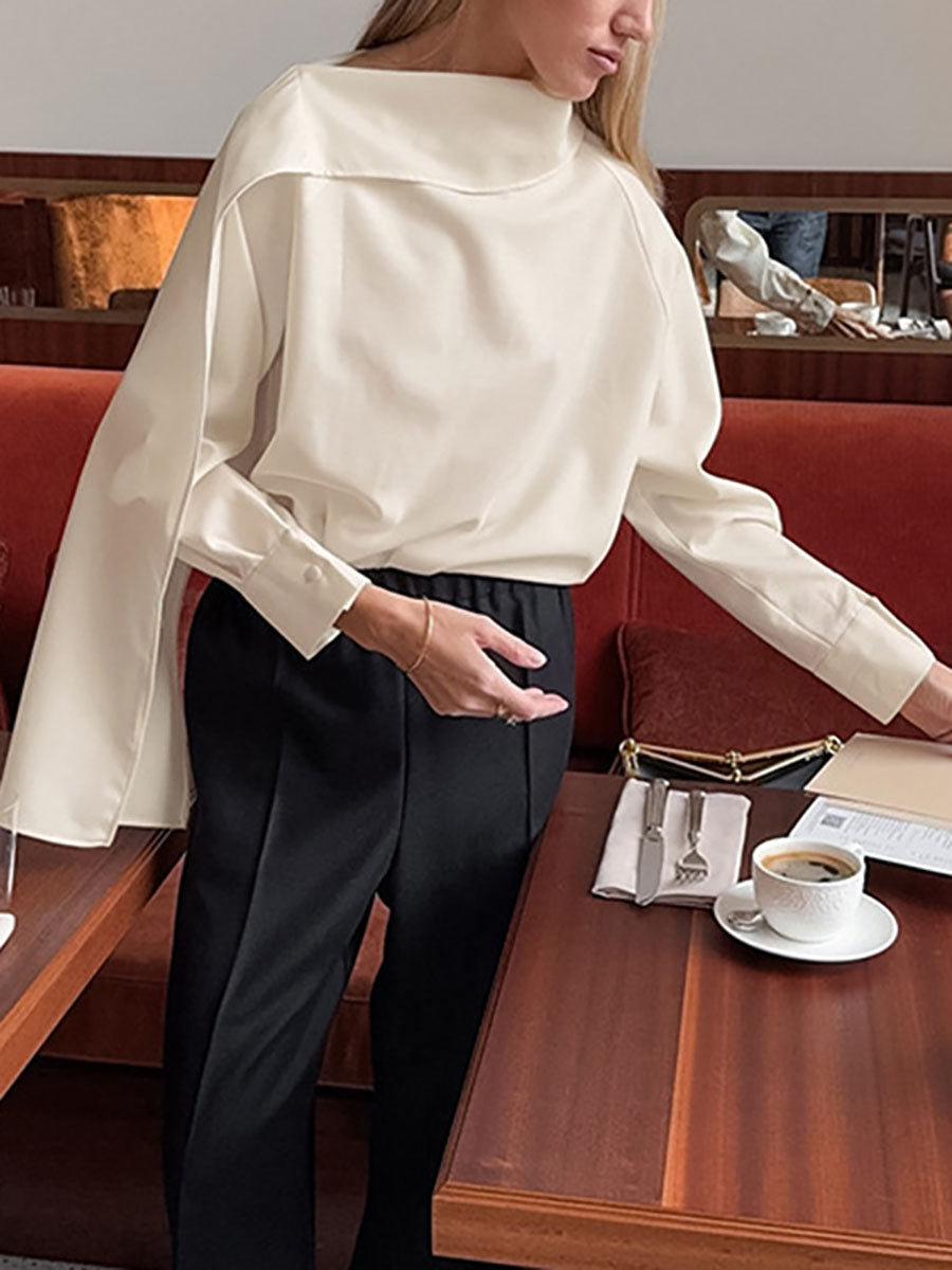Long Sleeves Solid Color Asymmetric Collar Blouses&Shirts Tops