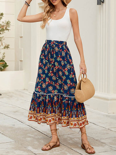 Loose Elasticity Flower Print Pleated Split-Joint Skirts Bottoms