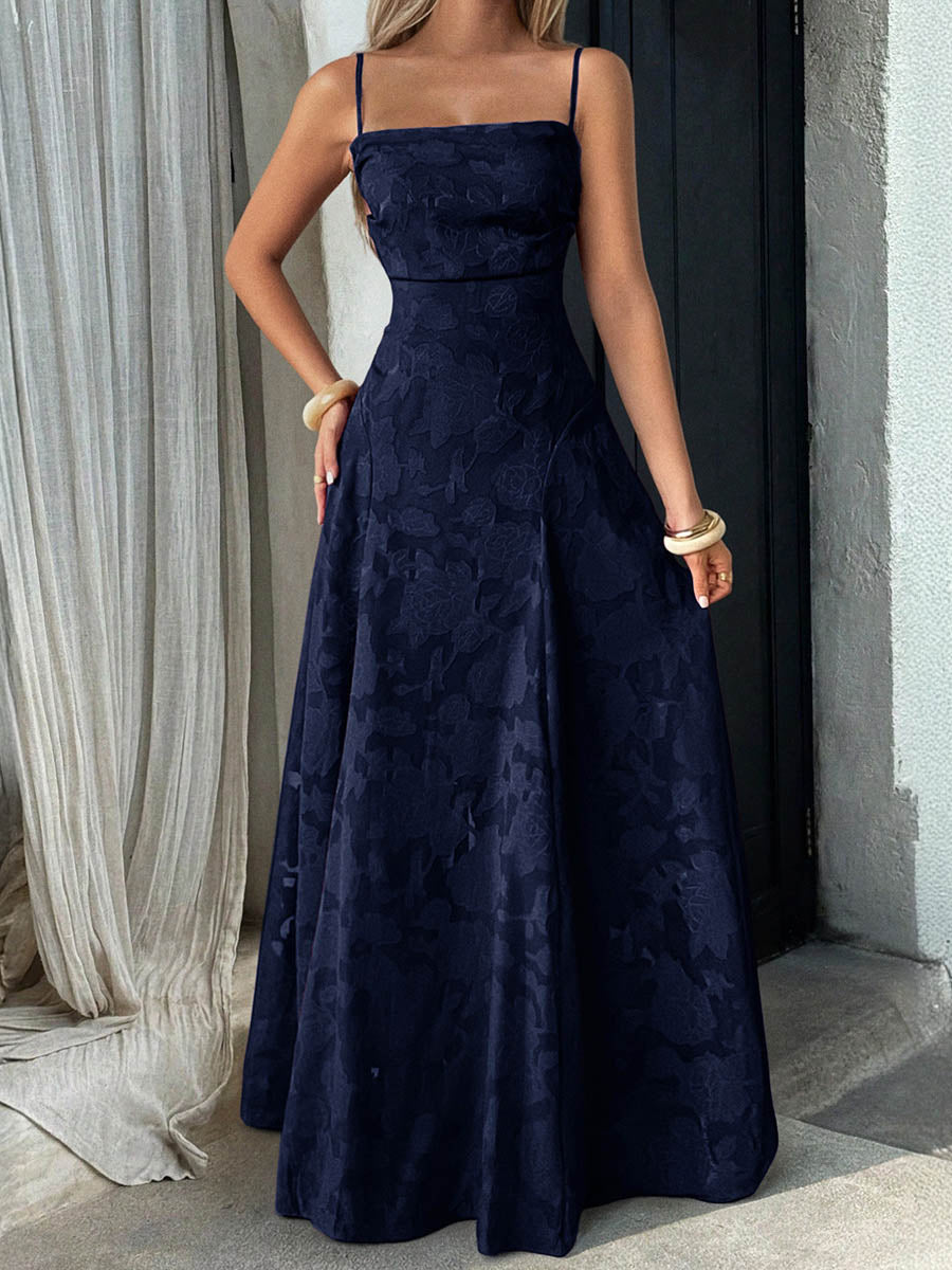 A-Line High Waisted Jacquard Pleated Solid Color Spaghetti-Neck Maxi Dresses