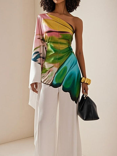 Long Sleeves Loose Flower Print Pleated Pockets One-shoulder Jumpsuits