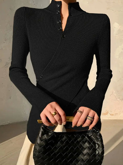 Long Sleeves Asymmetric Split-front Split-Joint V-neck Sweater Tops