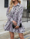 A-Line Long Sleeves Buttoned Pleated Snakeskin Printed Split-Joint Lapel Mini Dresses Shirt Dress