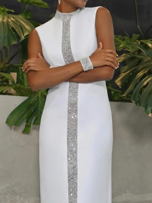 Loose Sleeveless Contrast Color Shiny Split-Back Mock Neck Maxi Dresses