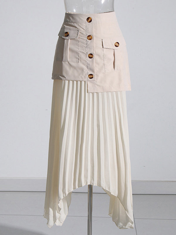 A-Line Loose Asymmetric Buttoned Pleated Split-Joint Zipper Skirts Bottoms