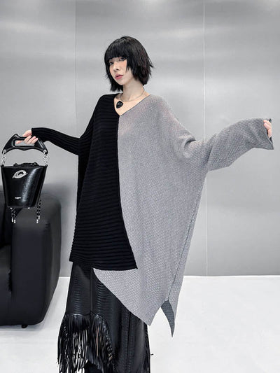 Batwing Sleeves Irregularity Asymmetric Contrast Color Split-Joint Textured V-Neck Sweater Tops