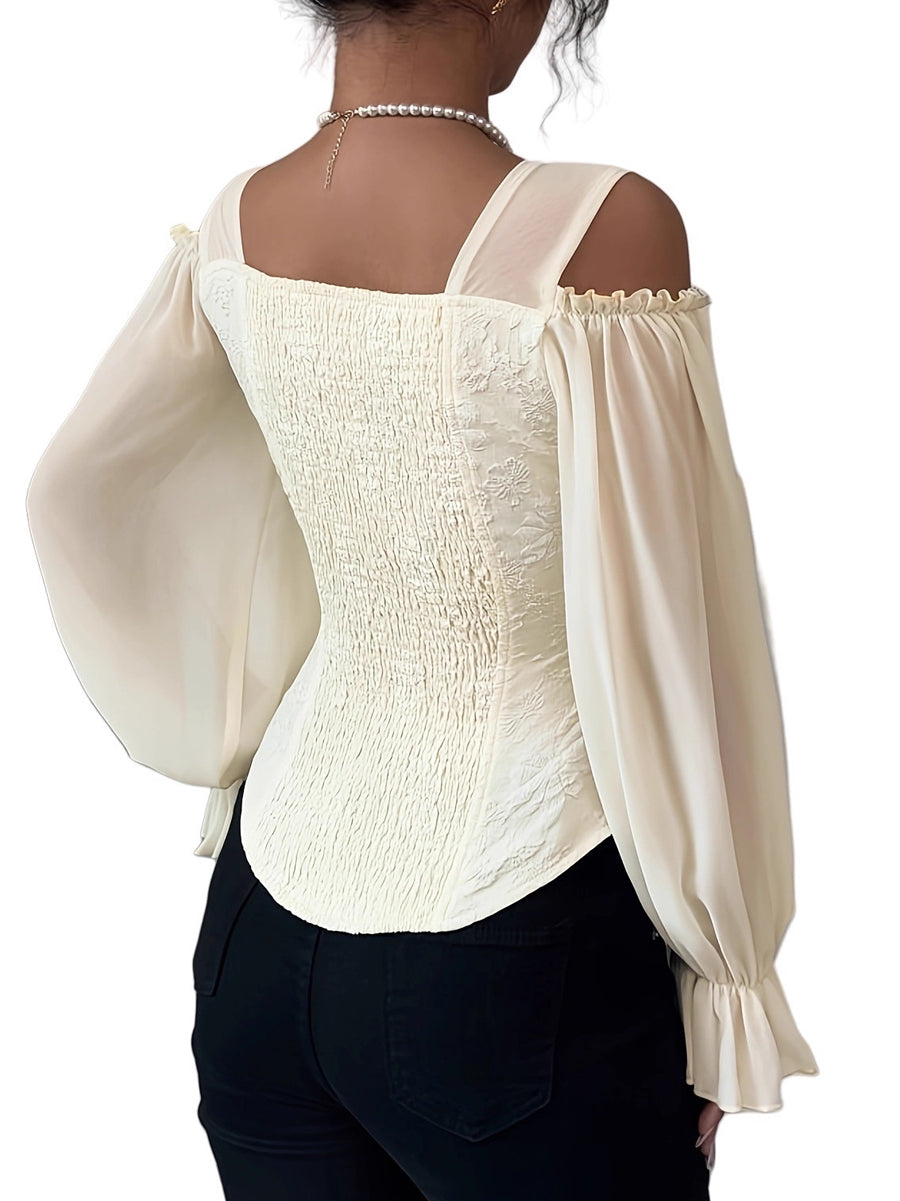 Flared Sleeves Long Sleeves Elasticity Hollow Jacquard Solid Color Split-Joint Cold Shoulder Blouses&Shirts Tops