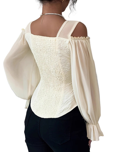 Flared Sleeves Long Sleeves Elasticity Hollow Jacquard Solid Color Split-Joint Cold Shoulder Blouses&Shirts Tops