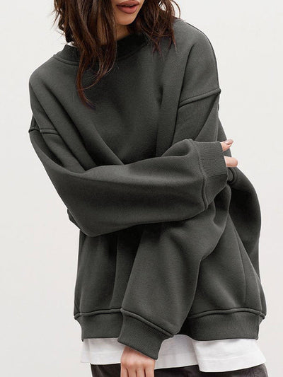 Long Sleeves Loose Solid Color Round-Neck Sweatshirt Tops