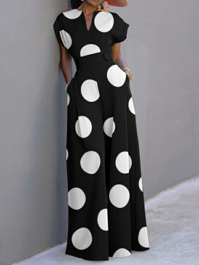 Short Sleeves Wide Leg Polka-Dot V-Neck Jumpsuits