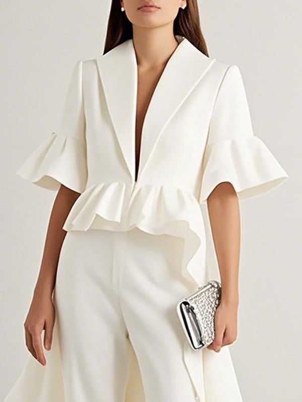 Flared Sleeves Half Sleeves Ruffle Trim Solid Color Deep V-Neck Blouses&Shirts Tops Outerwear